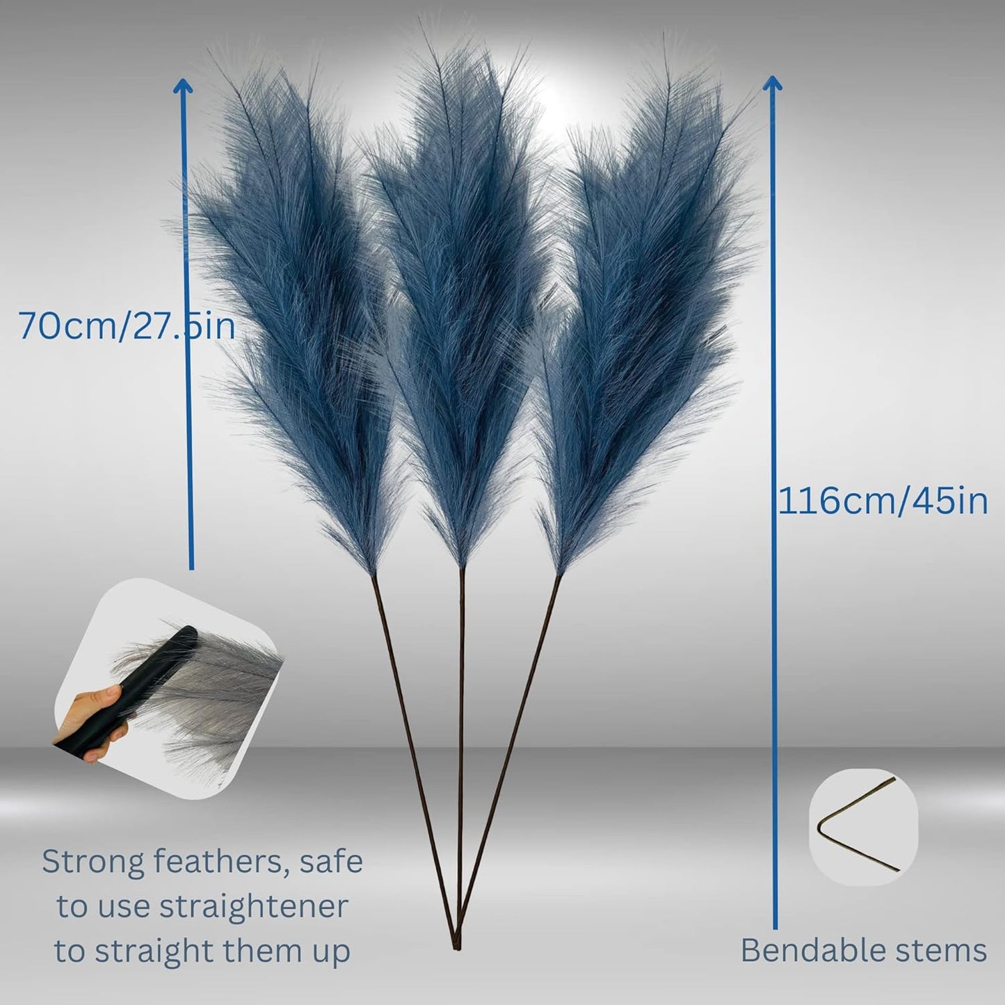 Blue Pampas Grass Large Fluffy, Tall Blue Feathers, Blue Bedroom Accessories Home Living Room, Blue Grass Plant, Faux Pampa, Blue Large Artificial Plants Ornaments For Tall Floor Vases 3 stems 116cm
