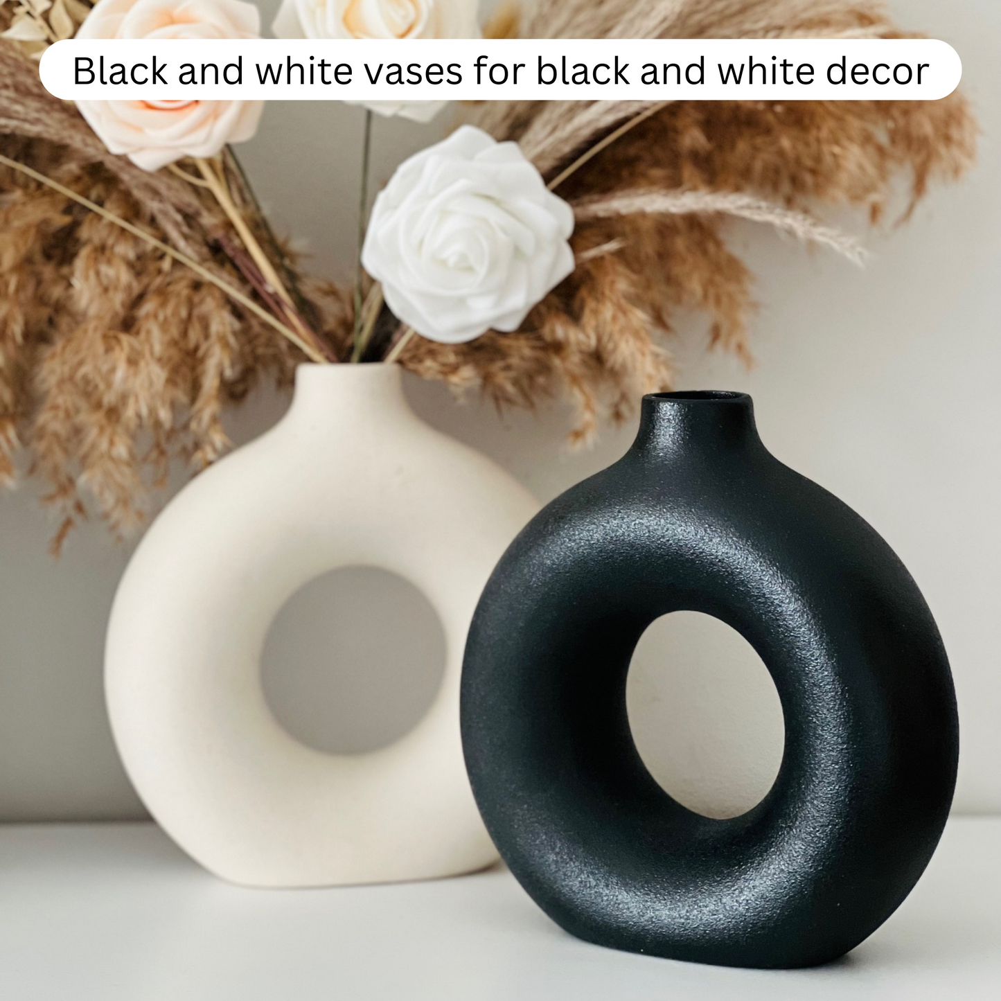 Black Vase for Pampas Grass, Black Vases Home Decor, Black Ceramic Vase, Black Round Vase, Black Room Decor, Clay Vase Black, Black Donut Vase Modern Decor, 7.5" Tall