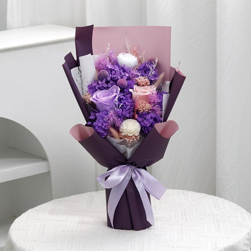 Preserved Flowers Bouquet - Purple Forever Flowers With Eternal Roses & Purple Hydrangea, Flowers For Delivery Prime, Gifts For Women Birthday Unique, No Vase & Alternative to Fresh Cut Floral