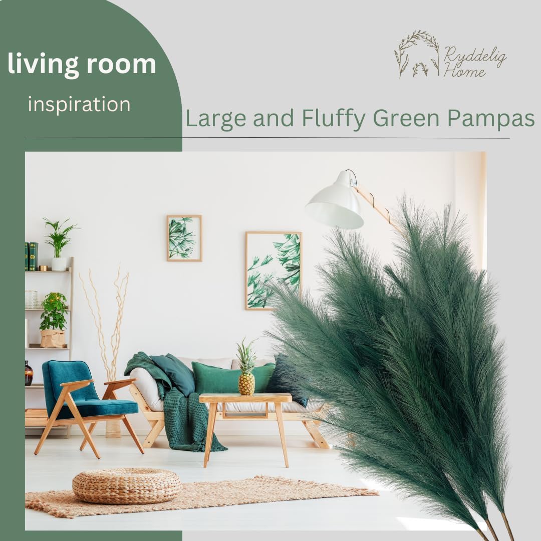 Large Green Pampas Grass Artificial For Sage Green Living Room Accessories, Tall Artifificial Plants Indoor For Tall Floor Vase, 3 x Stems Teal Feathers Teal Bedroom Accessories