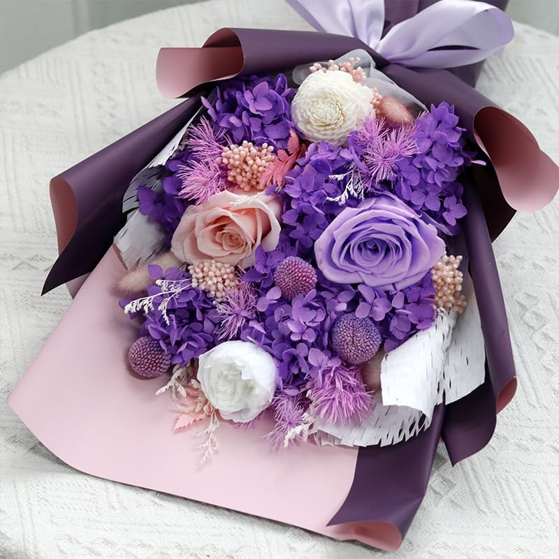 Preserved Flowers Bouquet - Purple Forever Flowers With Eternal Roses & Purple Hydrangea, Flowers For Delivery Prime, Gifts For Women Birthday Unique, No Vase & Alternative to Fresh Cut Floral