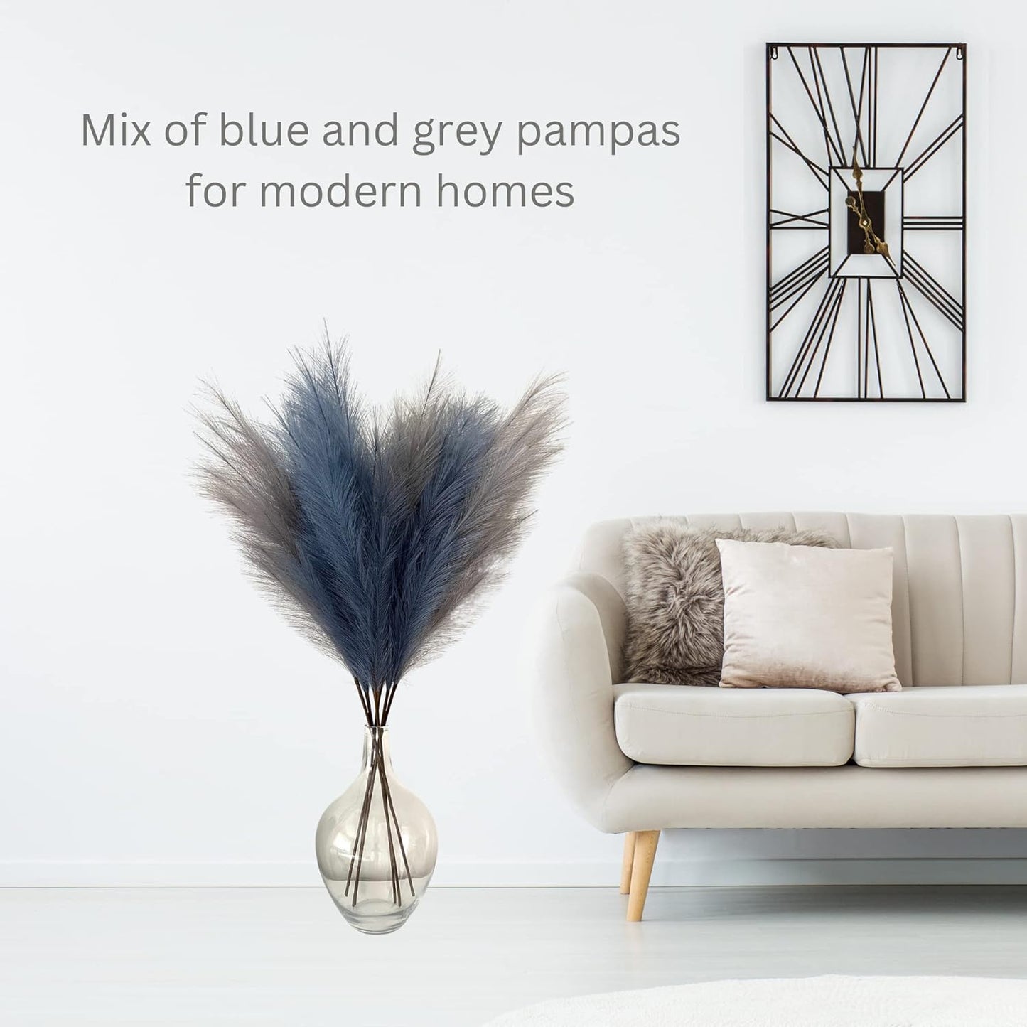 Blue Pampas Grass Large Fluffy, Tall Blue Feathers, Blue Bedroom Accessories Home Living Room, Blue Grass Plant, Faux Pampa, Blue Large Artificial Plants Ornaments For Tall Floor Vases 3 stems 116cm