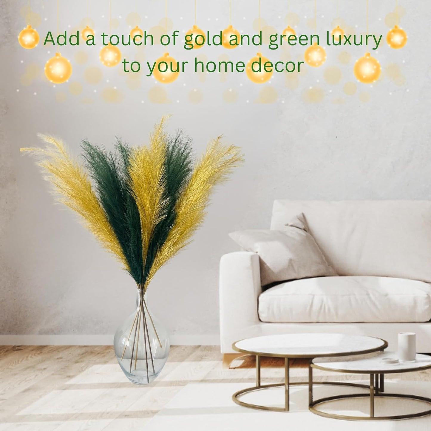 Gold Pampas Grass Decor Living Room Holiday Decor, Gold Accent Decor, Gold Feathers Floral Picks, Faux Pampas Grass Tall Large Fluffy, Gold Faux Plants For Gold Vase, 3 Stems x 115cm/45in