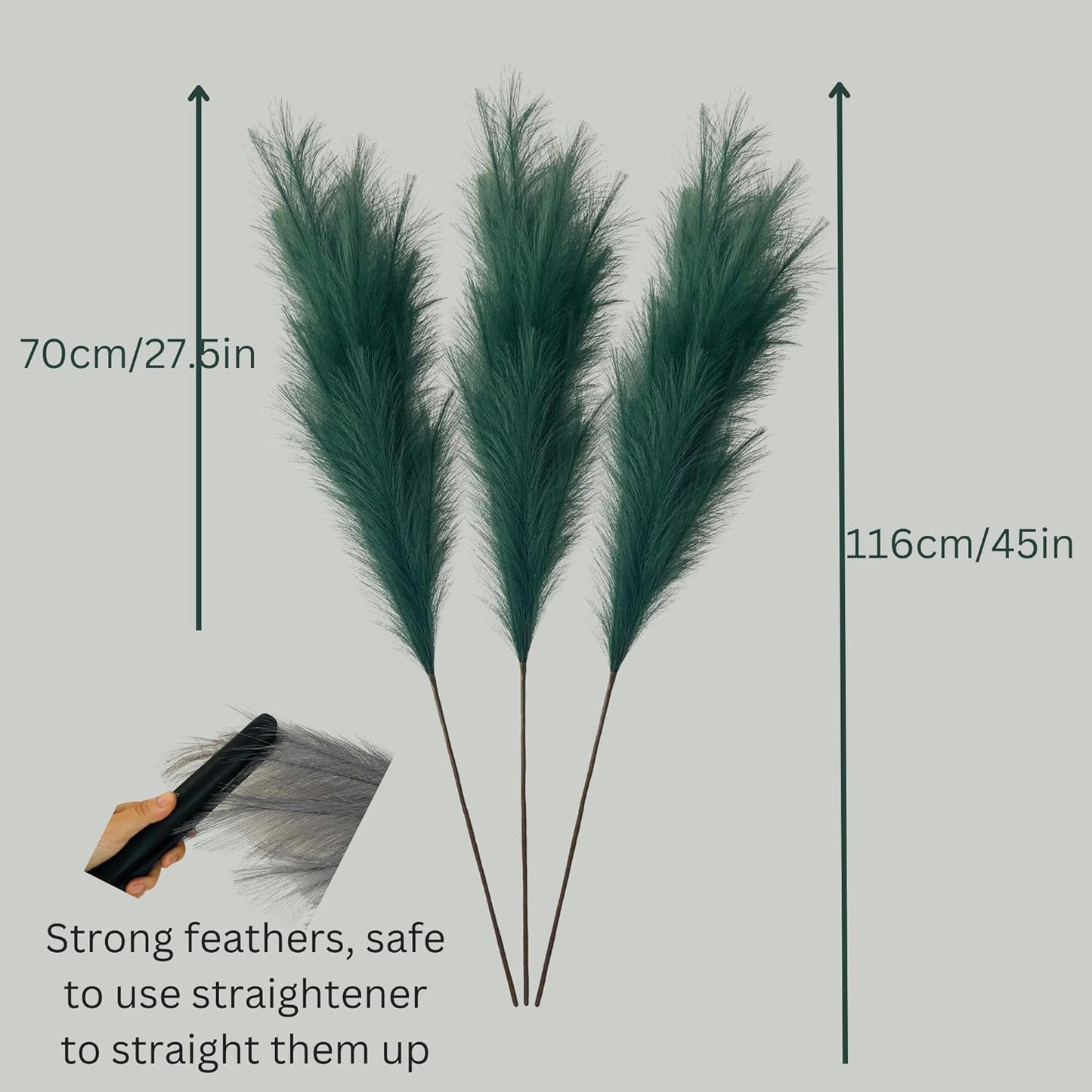 Large Green Pampas Grass Artificial For Sage Green Living Room Accessories, Tall Artifificial Plants Indoor For Tall Floor Vase, 3 x Stems Teal Feathers Teal Bedroom Accessories