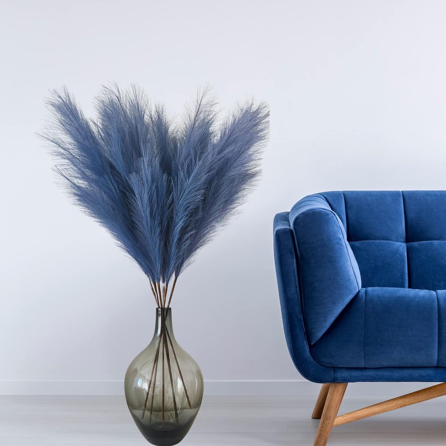 Blue Pampas Grass Large Fluffy, Tall Blue Feathers, Blue Bedroom Accessories Home Living Room, Blue Grass Plant, Faux Pampa, Blue Large Artificial Plants Ornaments For Tall Floor Vases 3 stems 116cm