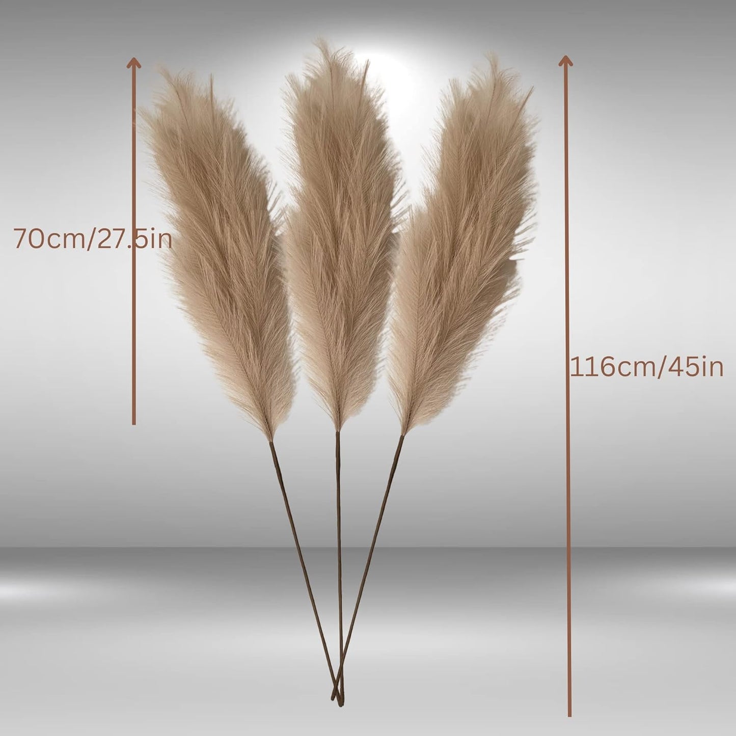 Artificial Extra Large Pampas Grass Fluffy, Fake Large Feathers For Floor Vase, Decorative Tall Artificial Flowers For Vase, Brown Pampas Grass, Bedroom Living Room Ornaments, 3 stems x 116cm Long