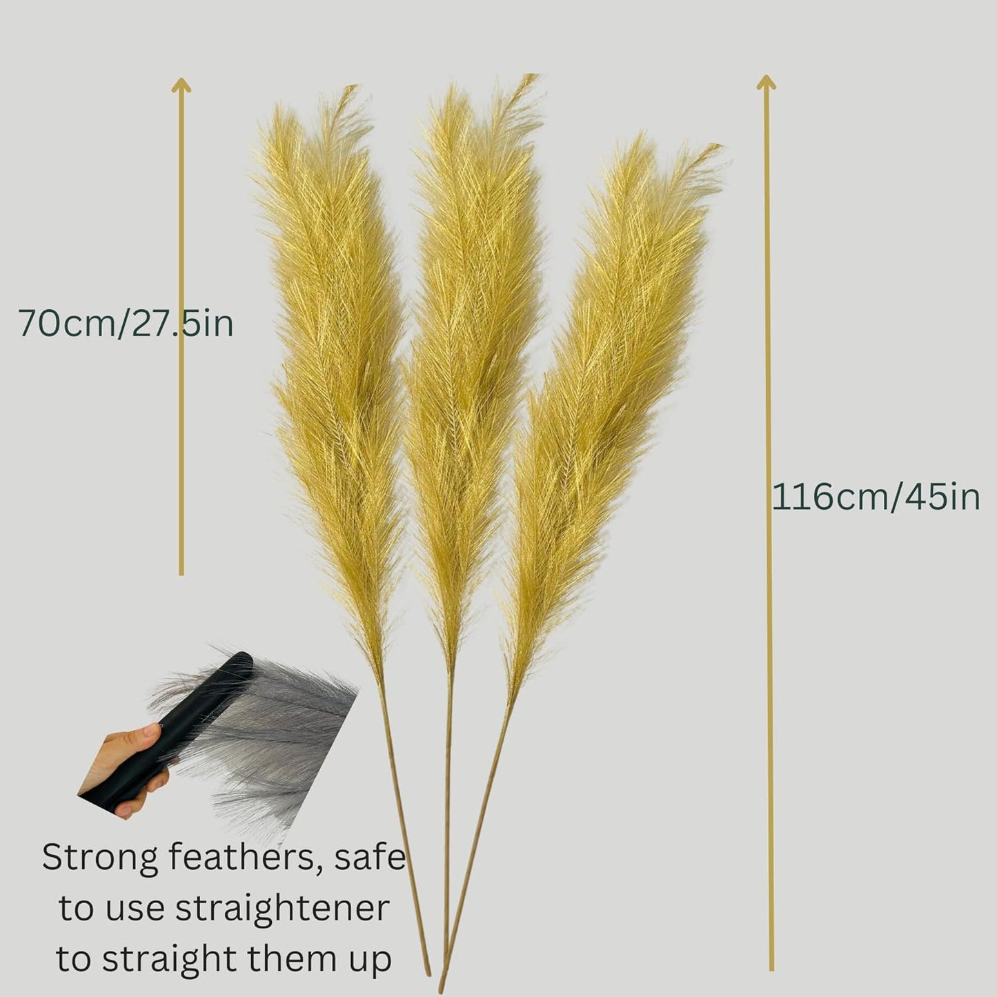 Gold Pampas Grass Decor Living Room Holiday Decor, Gold Accent Decor, Gold Feathers Floral Picks, Faux Pampas Grass Tall Large Fluffy, Gold Faux Plants For Gold Vase, 3 Stems x 115cm/45in