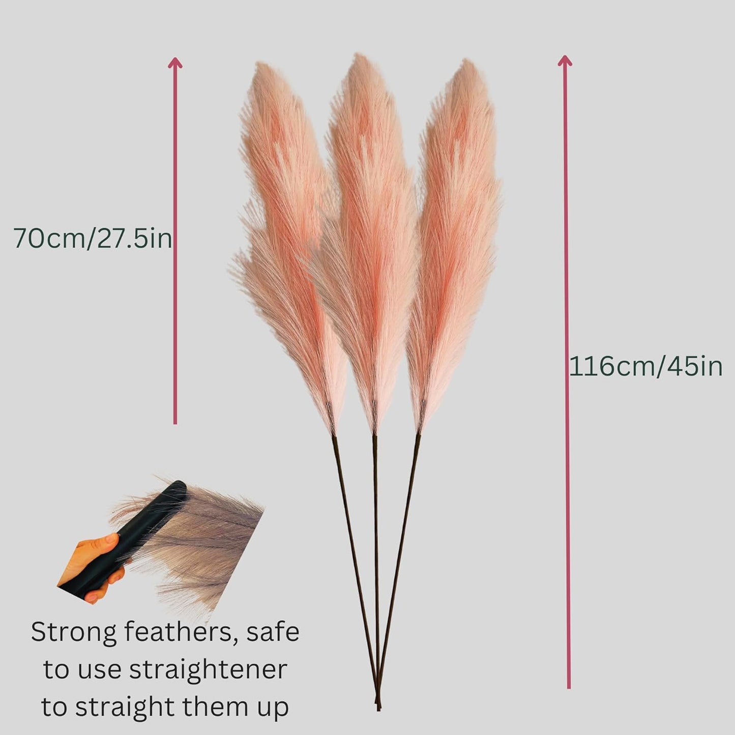 Large Pink Pampas Grass Artificial, 3 stems Faux Pampas Grass For Floor Vase, Pastel Long Pink Feathers, Blush Pink Bedroom Accessories, Home Decor Accessories Living Room