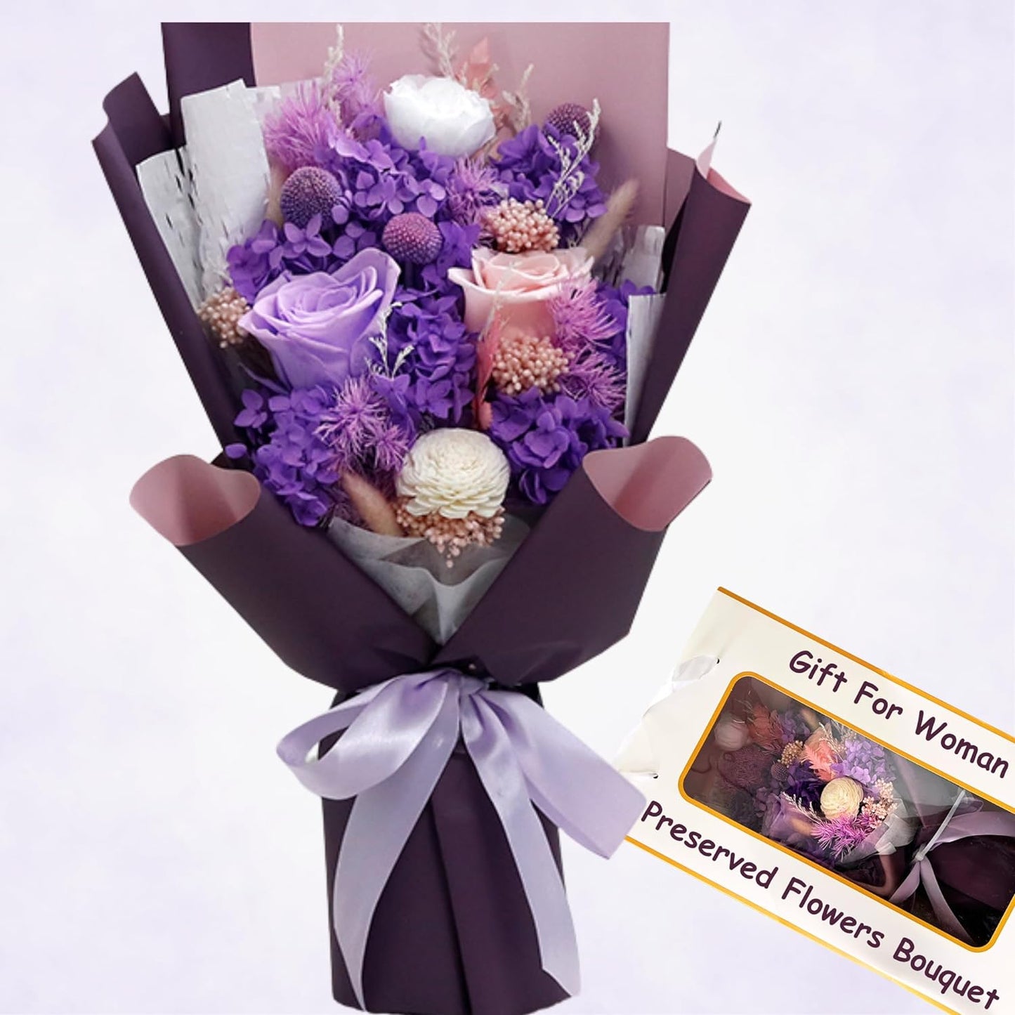 Preserved Flowers Bouquet - Purple Forever Flowers With Eternal Roses & Purple Hydrangea, Flowers For Delivery Prime, Gifts For Women Birthday Unique, No Vase & Alternative to Fresh Cut Floral