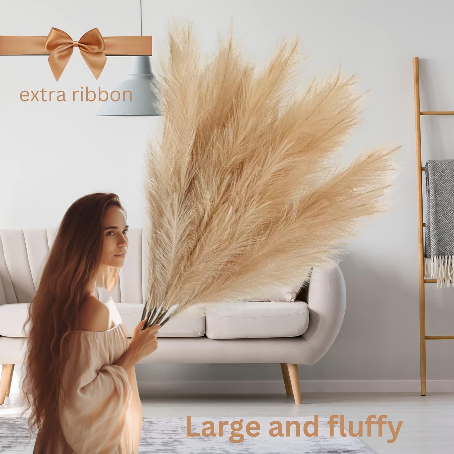 Artificial Extra Large Pampas Grass Fluffy, Fake Large Feathers For Floor Vase, Decorative Tall Artificial Flowers For Vase, Brown Pampas Grass, Bedroom Living Room Ornaments, 3 stems x 116cm Long