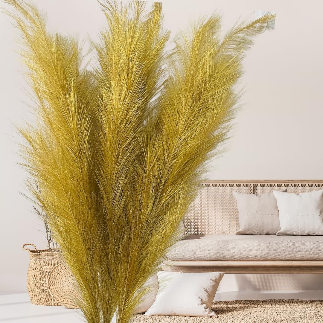 Gold Pampas Grass Decor Living Room Holiday Decor, Gold Accent Decor, Gold Feathers Floral Picks, Faux Pampas Grass Tall Large Fluffy, Gold Faux Plants For Gold Vase, 3 Stems x 115cm/45in