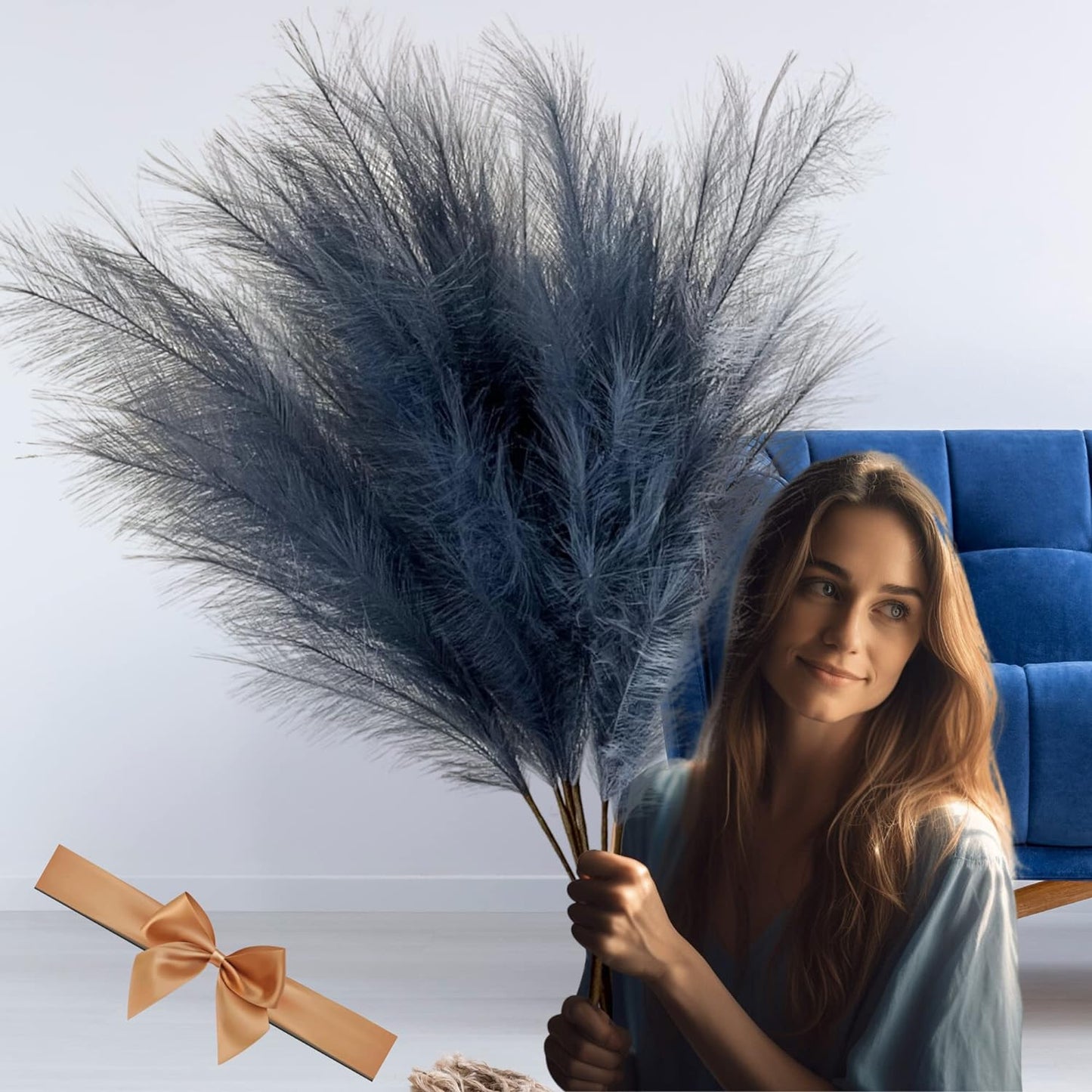 Blue Pampas Grass Large Fluffy, Tall Blue Feathers, Blue Bedroom Accessories Home Living Room, Blue Grass Plant, Faux Pampa, Blue Large Artificial Plants Ornaments For Tall Floor Vases 3 stems 116cm