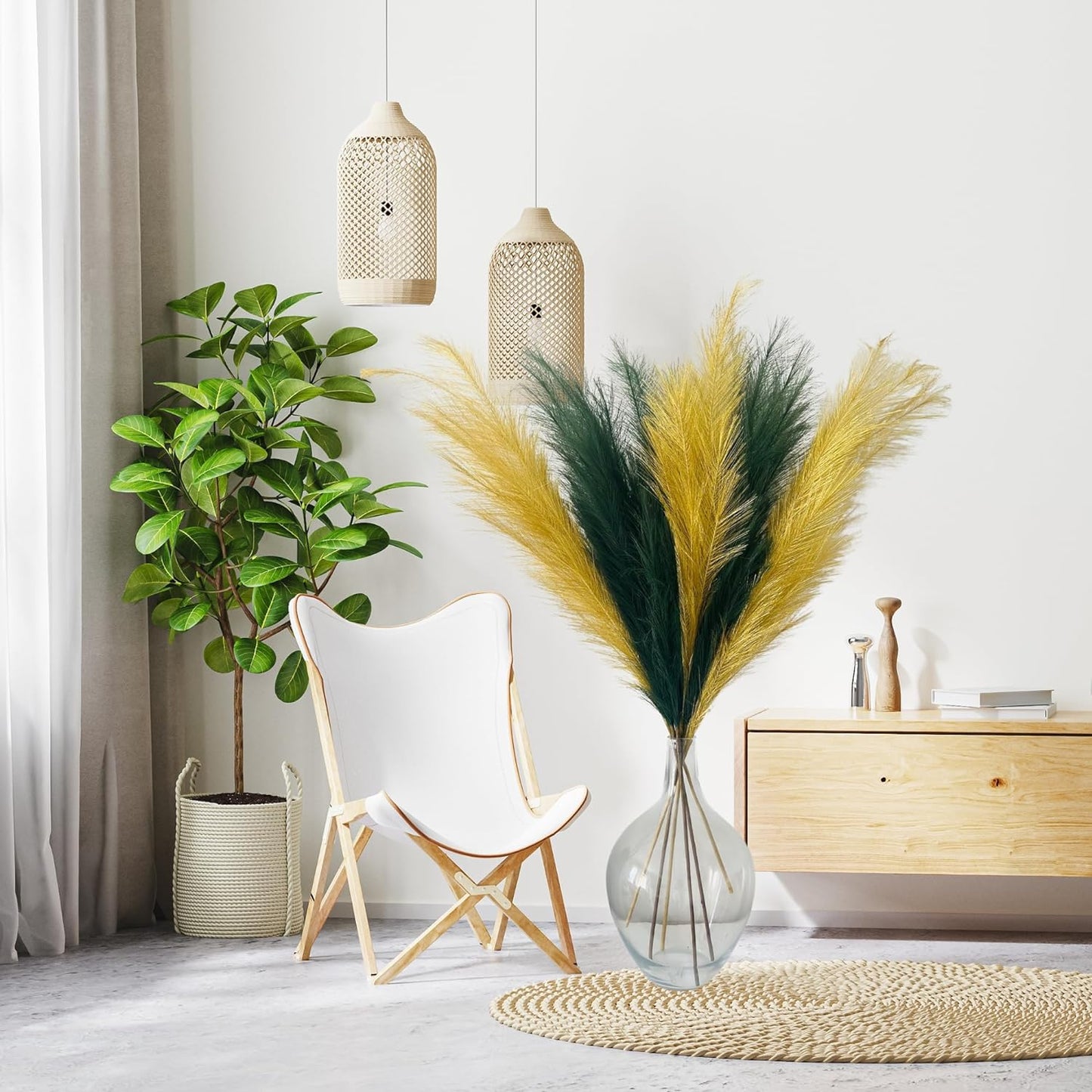 Large Gold Pampas Grass For Bedroom Decor, Faux Artificial Pampas Grass Tall For Gold Vase Floor Vase, Fake Pampas Plant Gold Living Room Accessories Ornaments, Gold Feathers 3 Stems