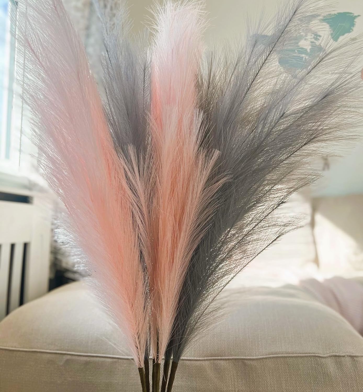 Large Pink Pampas Grass Artificial, 3 stems Faux Pampas Grass For Floor Vase, Pastel Long Pink Feathers, Blush Pink Bedroom Accessories, Home Decor Accessories Living Room