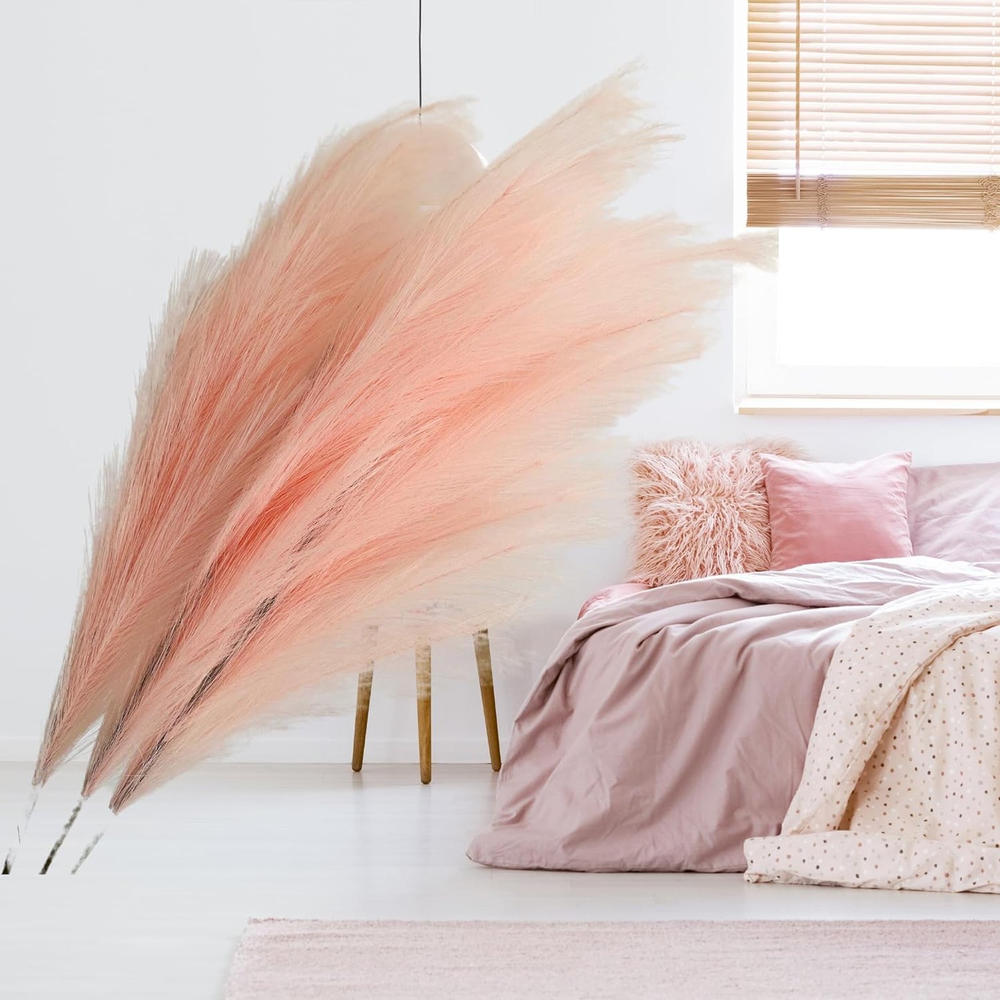 Large Pink Pampas Grass Artificial, 3 stems Faux Pampas Grass For Floor Vase, Pastel Long Pink Feathers, Blush Pink Bedroom Accessories, Home Decor Accessories Living Room