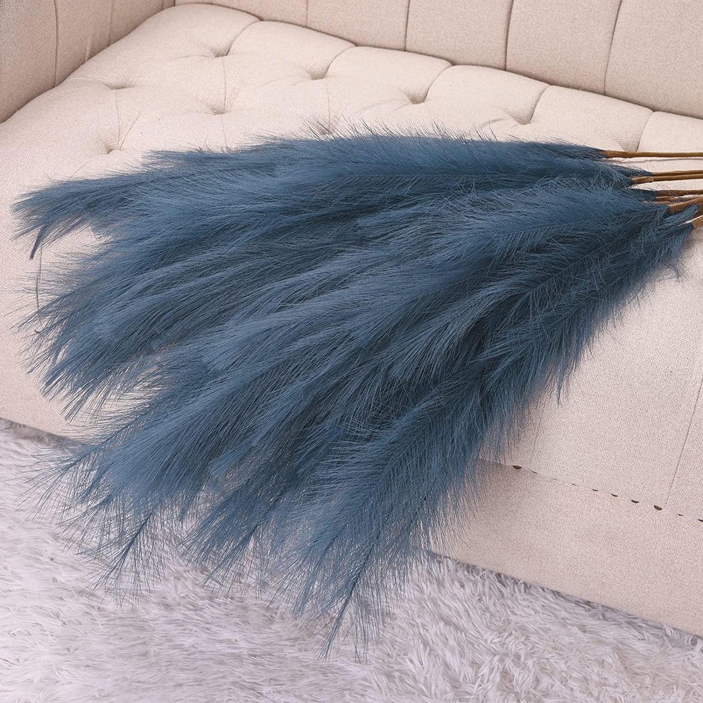 Blue Pampas Grass Large Fluffy, Tall Blue Feathers, Blue Bedroom Accessories Home Living Room, Blue Grass Plant, Faux Pampa, Blue Large Artificial Plants Ornaments For Tall Floor Vases 3 stems 116cm