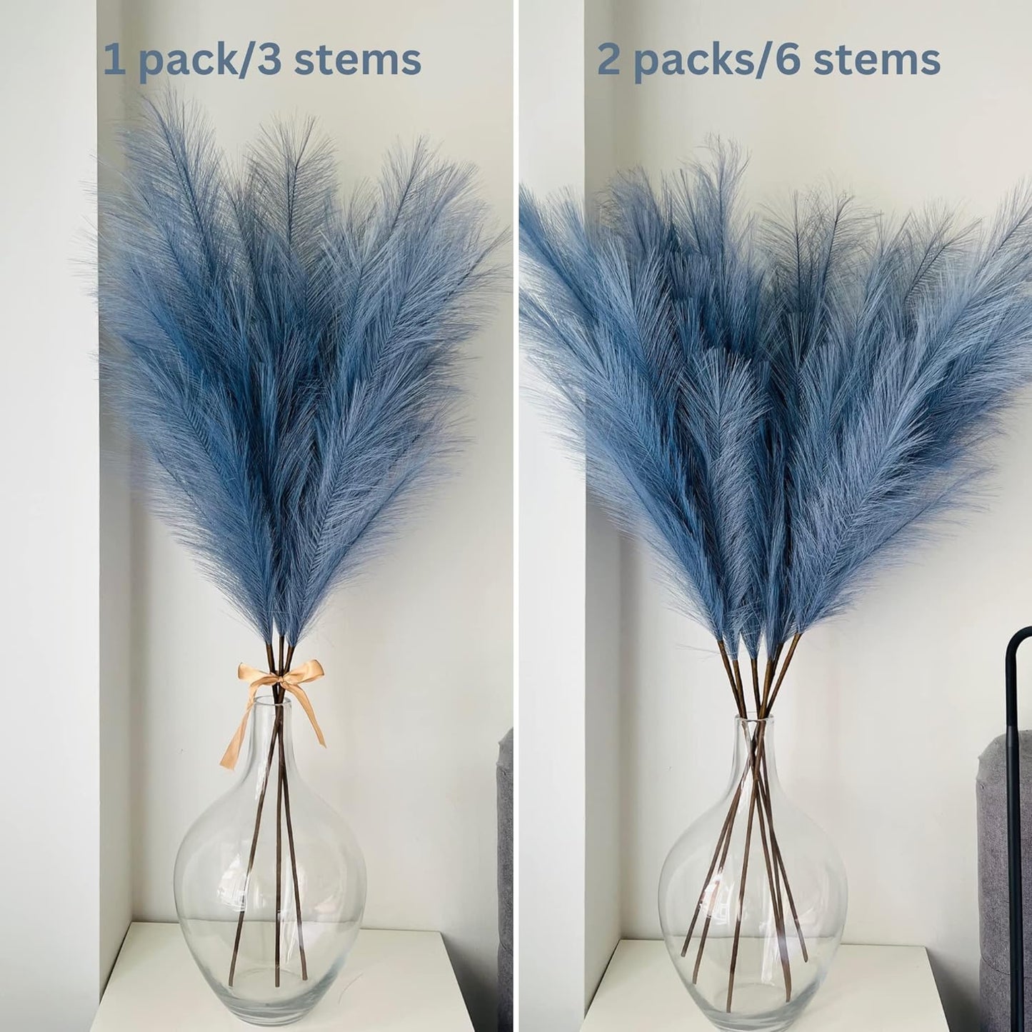 Blue Pampas Grass Large Fluffy, Tall Blue Feathers, Blue Bedroom Accessories Home Living Room, Blue Grass Plant, Faux Pampa, Blue Large Artificial Plants Ornaments For Tall Floor Vases 3 stems 116cm