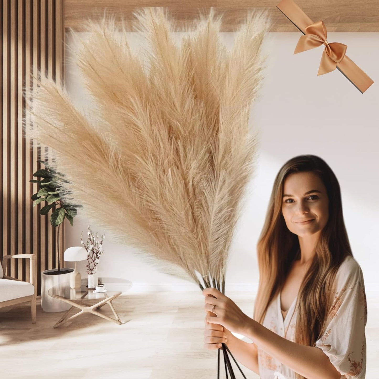 Artificial Extra Large Pampas Grass Fluffy, Fake Large Feathers For Floor Vase, Decorative Tall Artificial Flowers For Vase, Brown Pampas Grass, Bedroom Living Room Ornaments, 3 stems x 116cm Long