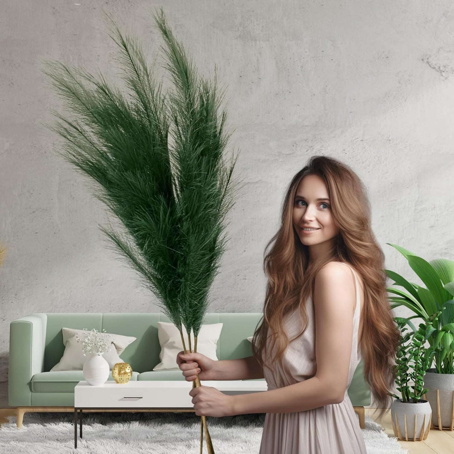 Large Green Pampas Grass Artificial For Sage Green Living Room Accessories, Tall Artifificial Plants Indoor For Tall Floor Vase, 3 x Stems Teal Feathers Teal Bedroom Accessories