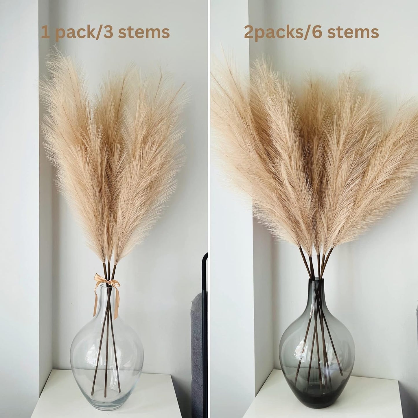 Artificial Extra Large Pampas Grass Fluffy, Fake Large Feathers For Floor Vase, Decorative Tall Artificial Flowers For Vase, Brown Pampas Grass, Bedroom Living Room Ornaments, 3 stems x 116cm Long