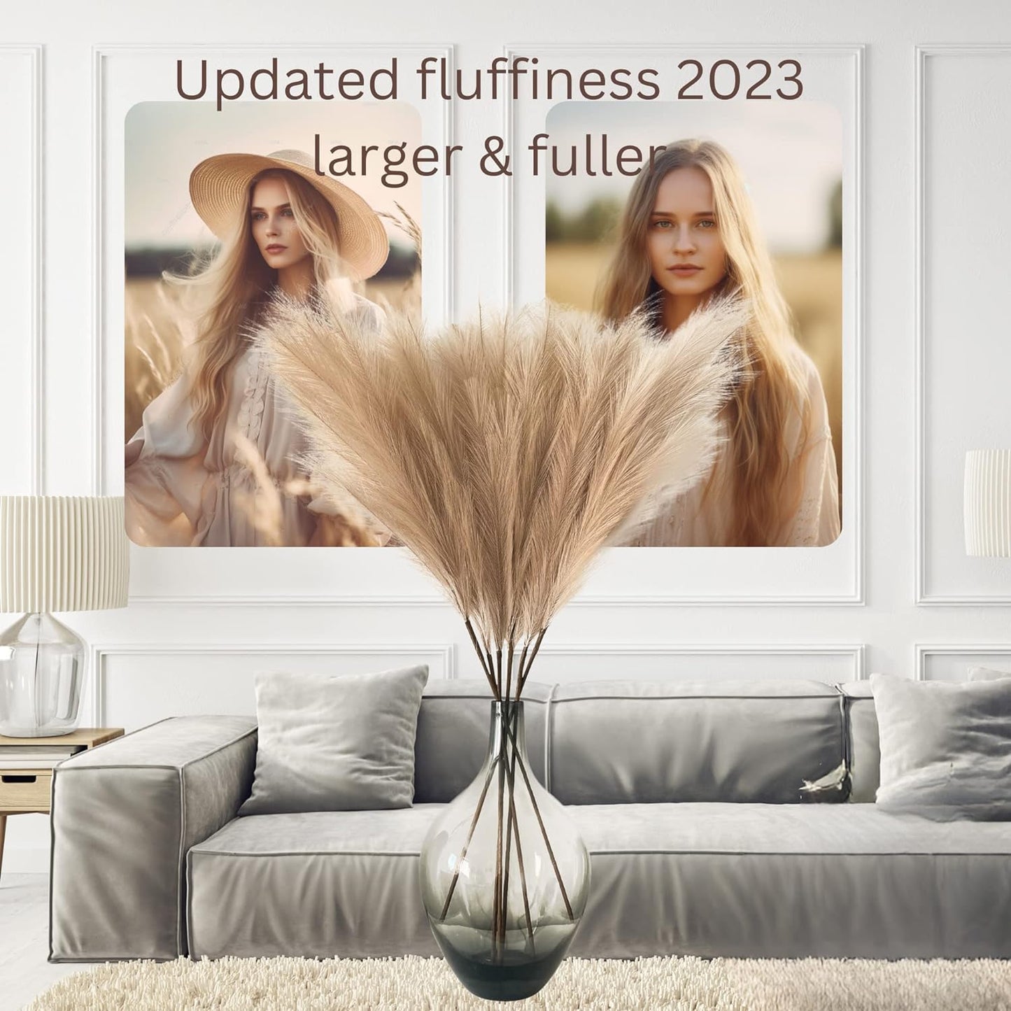 Artificial Extra Large Pampas Grass Fluffy, Fake Large Feathers For Floor Vase, Decorative Tall Artificial Flowers For Vase, Brown Pampas Grass, Bedroom Living Room Ornaments, 3 stems x 116cm Long