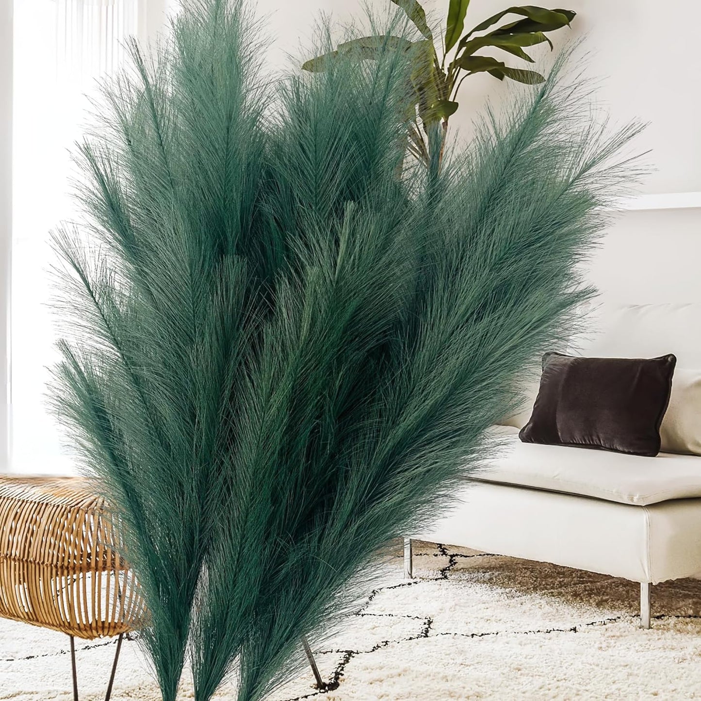 Large Green Pampas Grass Artificial For Sage Green Living Room Accessories, Tall Artifificial Plants Indoor For Tall Floor Vase, 3 x Stems Teal Feathers Teal Bedroom Accessories