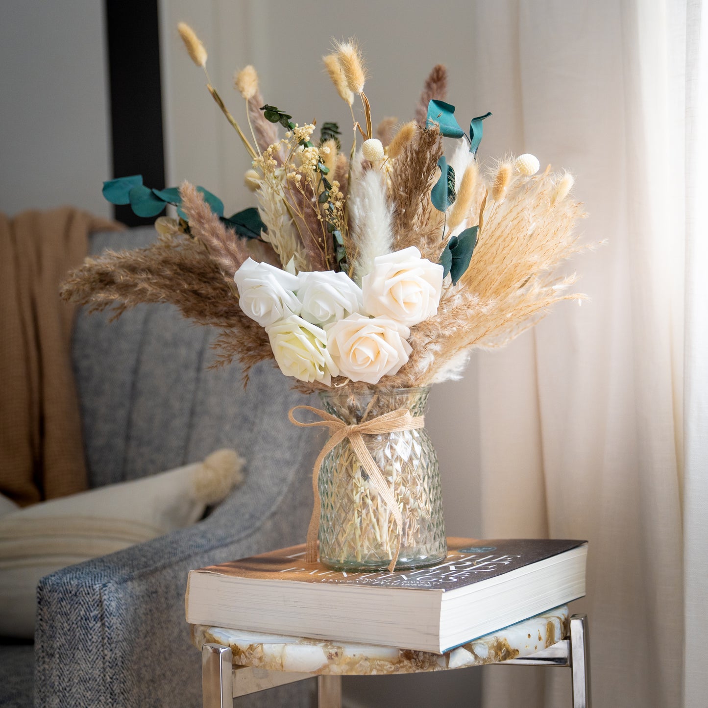 Pampas Arrangements Faux Flowers In Vase, Centerpiece Table Decorations For Dining Coffee Table Decor