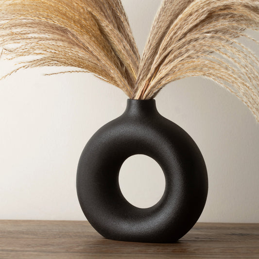 Black Vase for Pampas Grass, Black Vases Home Decor, Black Ceramic Vase, Black Round Vase, Black Room Decor, Clay Vase Black, Black Donut Vase Modern Decor, 7.5" Tall