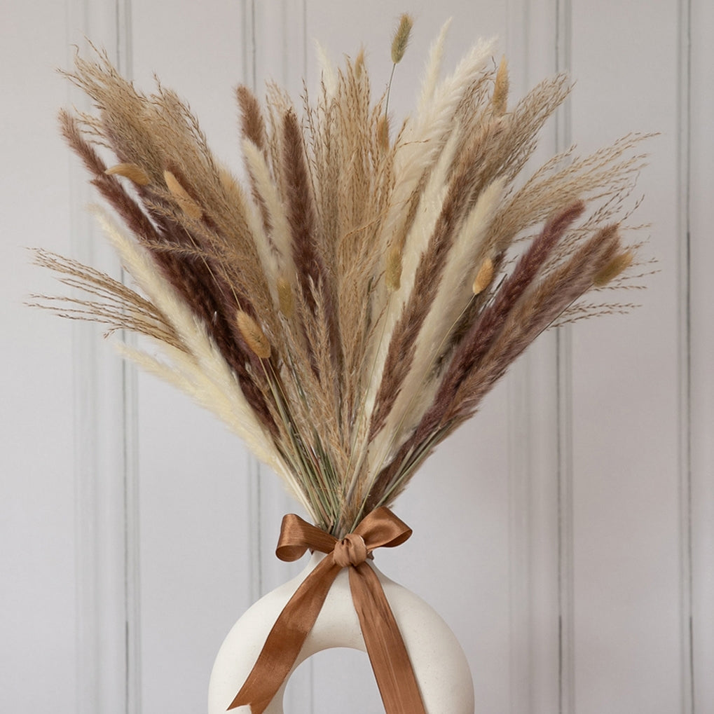 80pcs Dried Flowers Bouquet Pampas Grass Decor – 15 White Pampas Grass, 15 Natural Small Pampas Grass, 20 Bunny Tails Pampas Grass, 20 Reed, 1 Ribbon